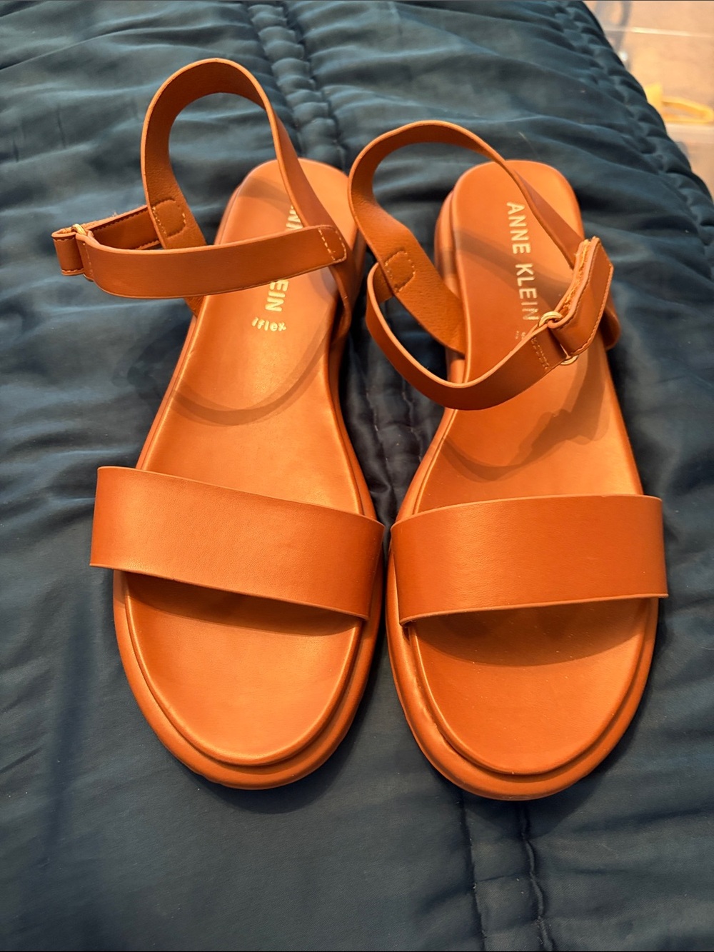 Anne Klein Cognac Leather-Look Ankle Strap Sandals